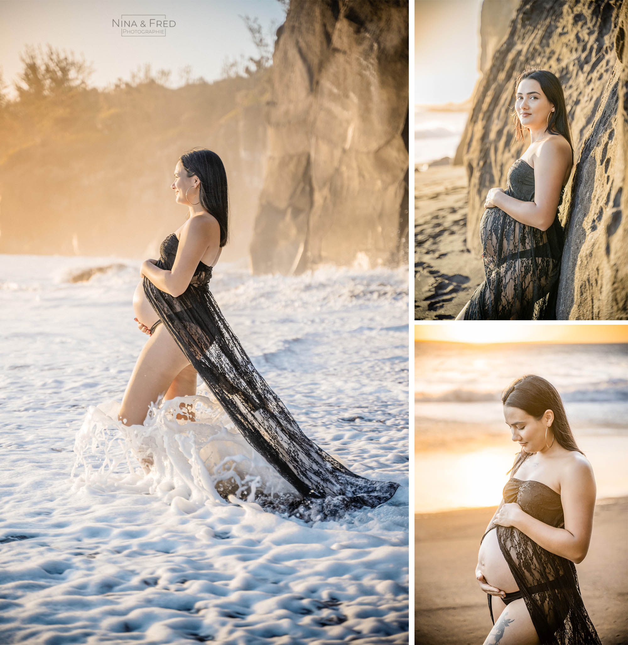 shooting grossesse avec robe ouverte dans l'eau M&R